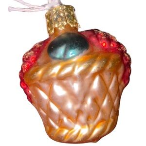 Vtg. CHRISTBORN handblown ornament - glass fruit basket in EUC gold, red & green